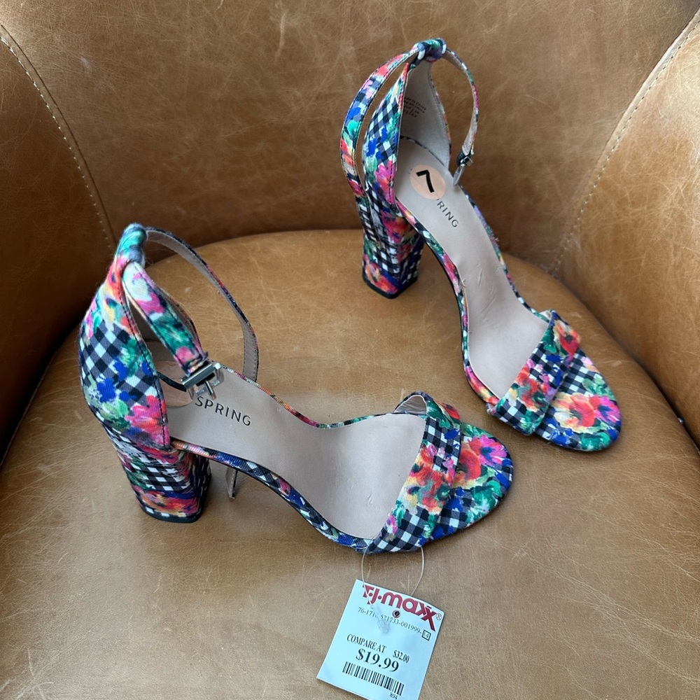 Call It Spring Floral Gingham Block Heel Sandals